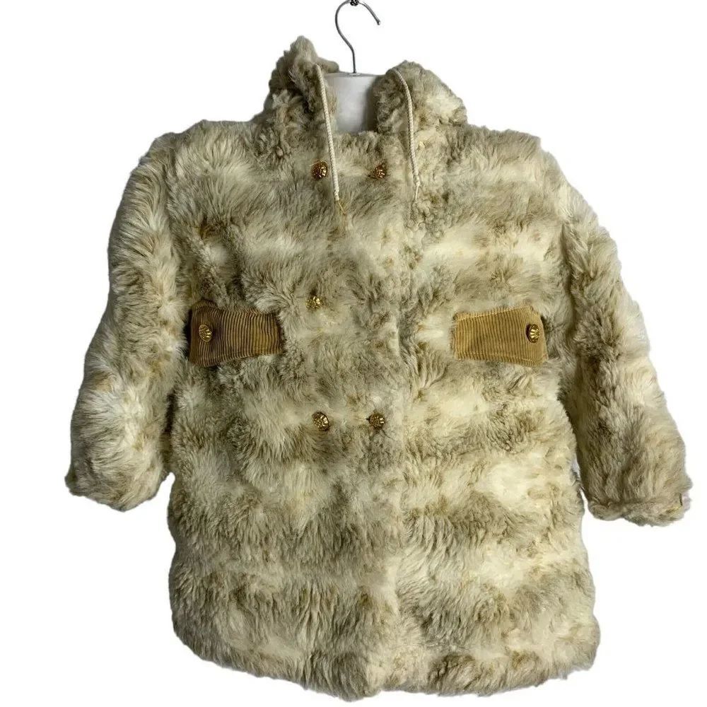 Vintage Faux Fur Quilt Lined Coat Girls 8 Cream Brown Corduroy Pockets Hood
